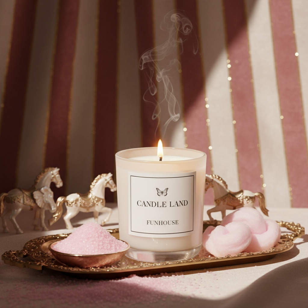 Candle Land Funhouse candle on a decorative tray with pink sugar, cotton candy and horse figurines against a striped background.