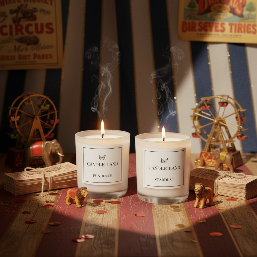 Two lit candles labeled 'Candle Land' on a table with vintage circus-themed decorations.