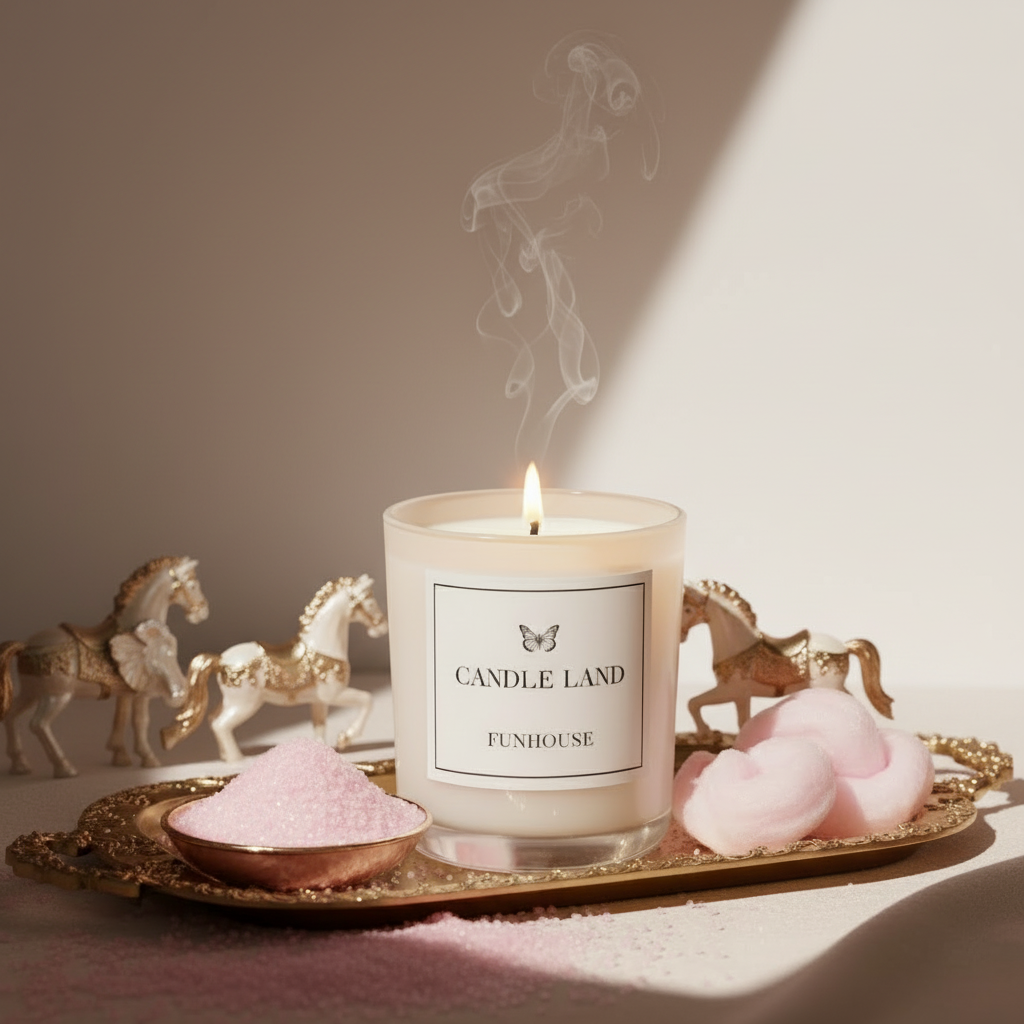 Candle LandFunhouse candle on a decorative tray with pink cotton candy and horse figurines.
