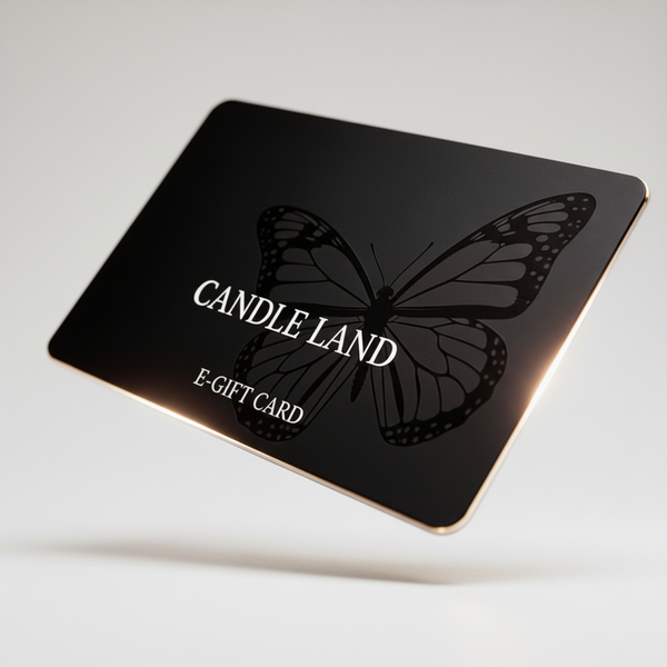 Black e-gift card with butterfly design and 'Candle Land' text on a light gray background