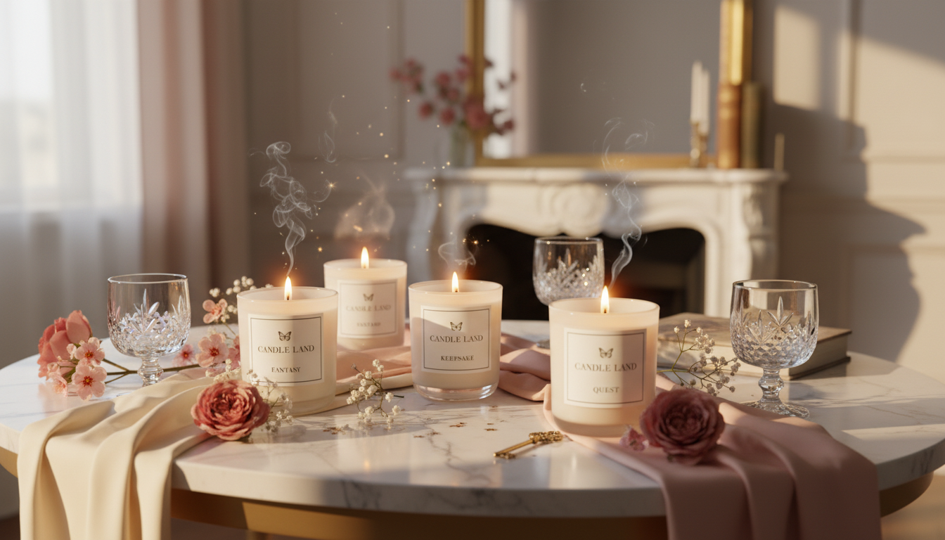 Candles on a table with decorative elements in a warm, indoor setting