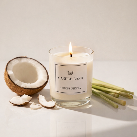 Candle Land candle with a coconut and lemongrass on a light background