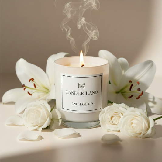 Candle Land candle with white flowers on a neutral background