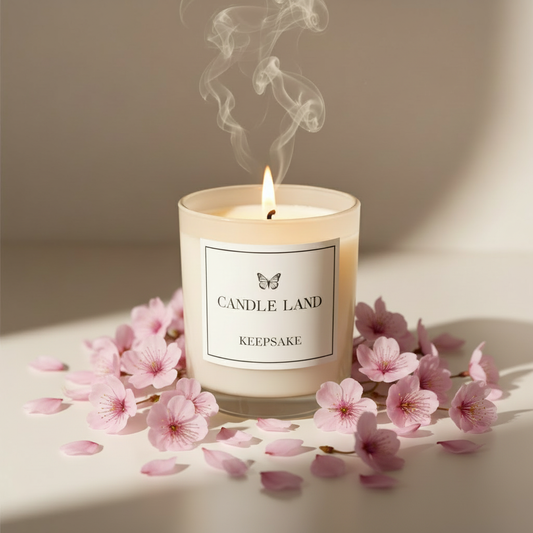 Candle Land candle with pink Japanese cherry blossom flowers on a neutral background