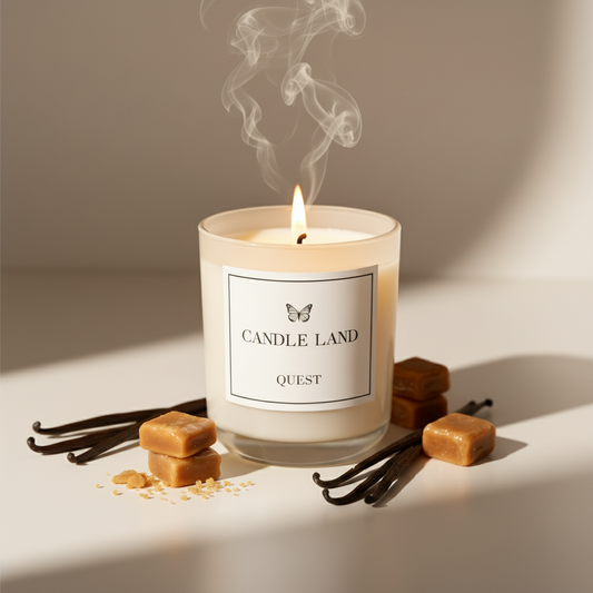 Candle Land candle with vanilla beans and caramel on a neutral background