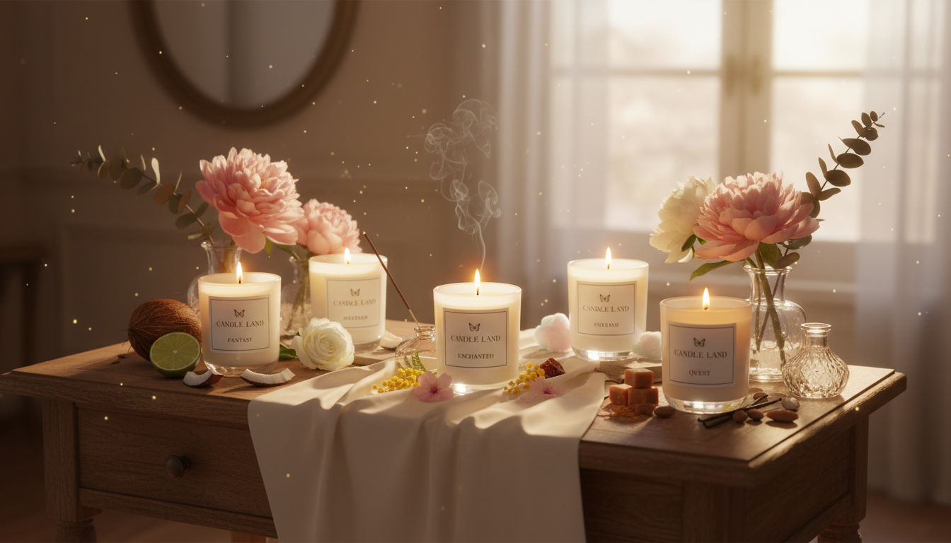 Candle Land, best seller candles and flowers on a table with a soft, warm glow.