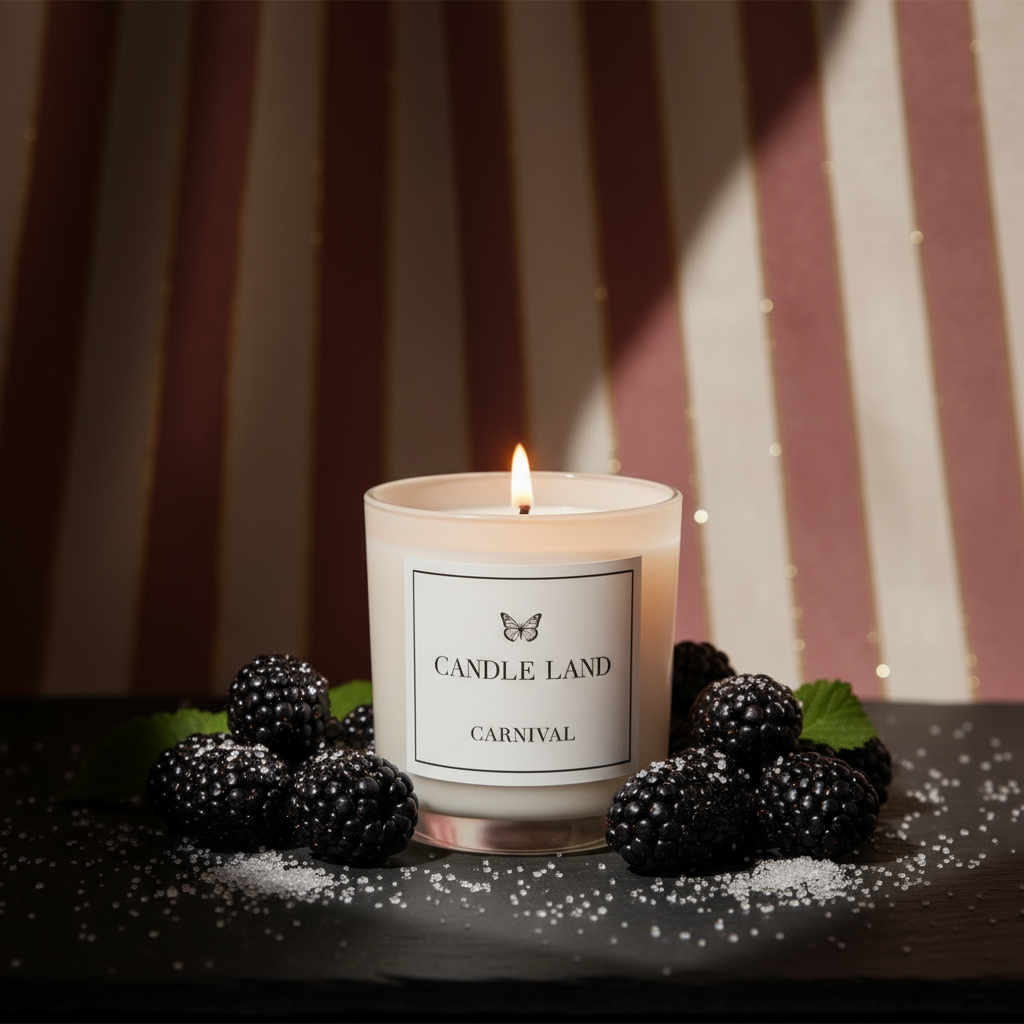 Candle Land Carnival candle with blackberries on a striped background representing the fragrance.