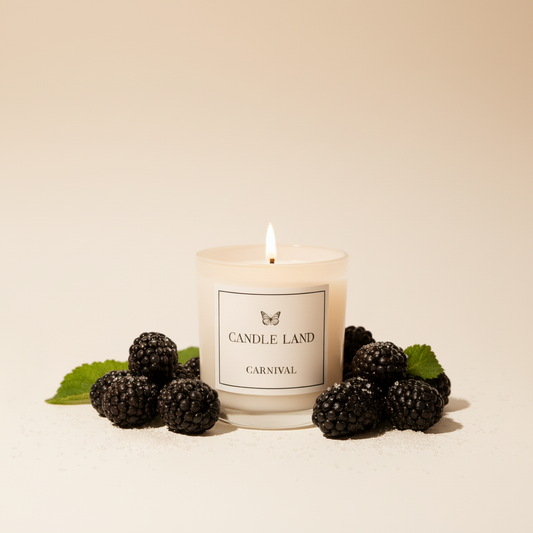 Candle Land Carnival candle with blackberries on a striped background representing the fragrance.