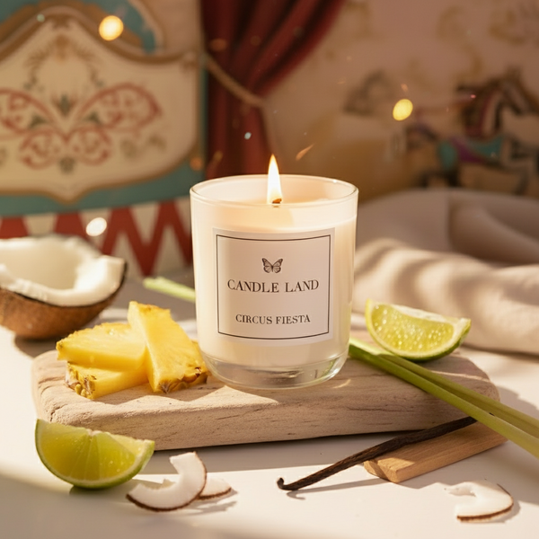 Candle Land candle on a wooden board with fruit and vanilla beans, carousel in the background representing the fragrance and theme of the candle