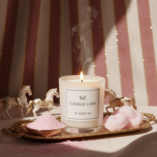 Candle Land Funhouse candle on a decorative tray with pink sugar, cotton candy and horse figurines against a striped background.