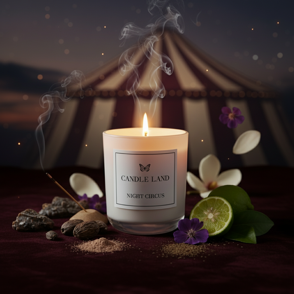 Night Circus Oriental Myrrh Musk Candle featured Infront of Circus tent with fragrance elements styling the candle.