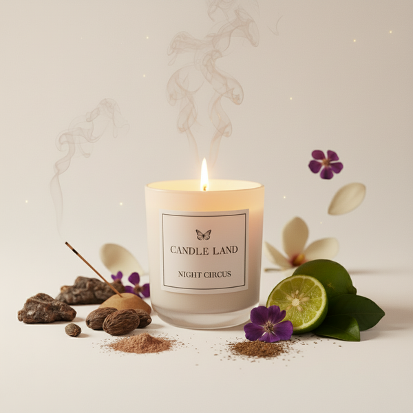 Night Circus - Light Neutral Background with decorative elements showcasing the Oriental Myrrh and Musk fragrance.