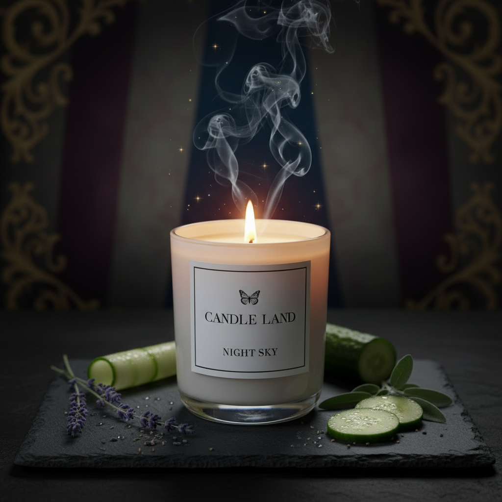 Night Sky fragrance styled with lavender, cucumber and sage styling the candle and representing the fragrance elements.