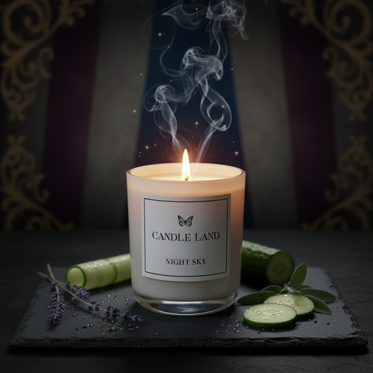 Night Sky fragrance styled with lavender, cucumber and sage styling the candle and representing the fragrance elements.