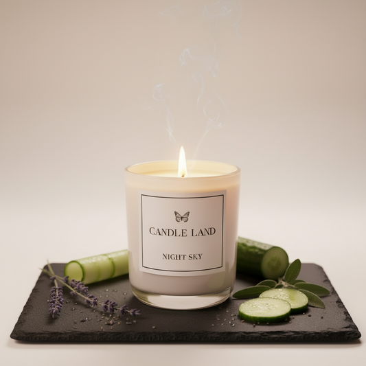 Night Sky fragrance styled with lavender, cucumber and sage styling the candle and representing the fragrance elements.