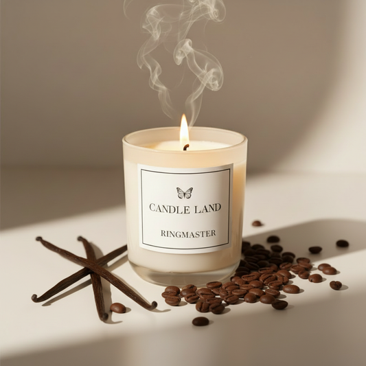 Candle Land Ringmaster candle with smoke, surrounded by coffee beans and cinnamon sticks on a neutral background