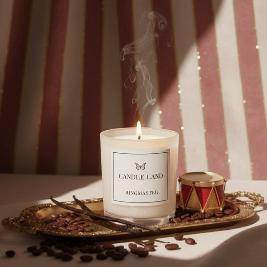 Candle Land Ringmaster candle on a decorative tray with coffee and vanilla beans representing the fragrance elements