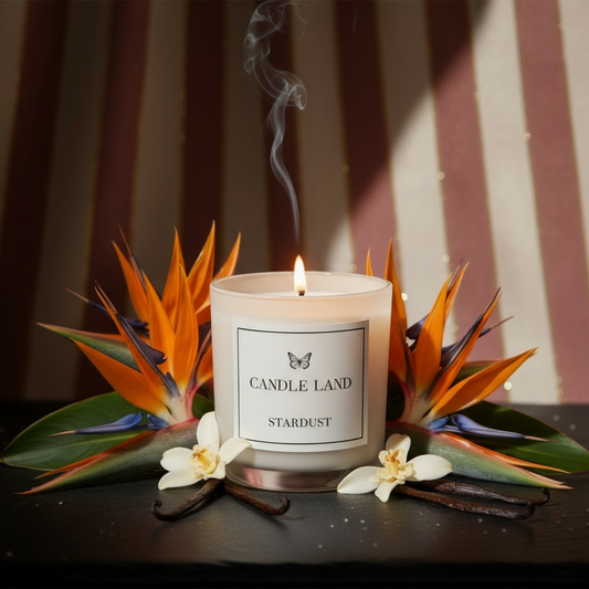 Candle Land Stardust candle styled with Birds of Paradise flowers representing the fragrance scent.