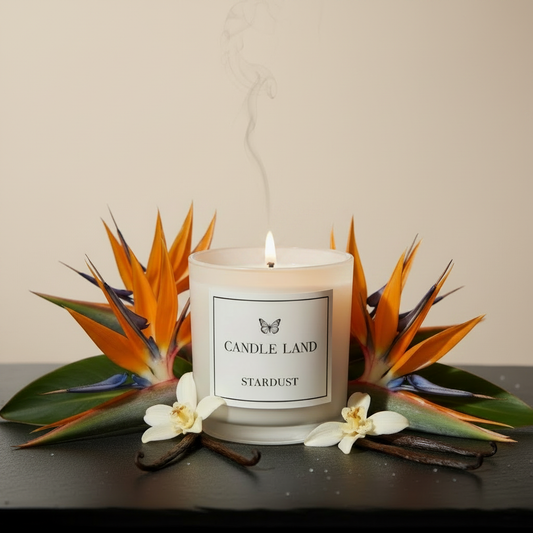 Candle Land Stardust candle styled with Birds of Paradise flowers representing the fragrance scent. 