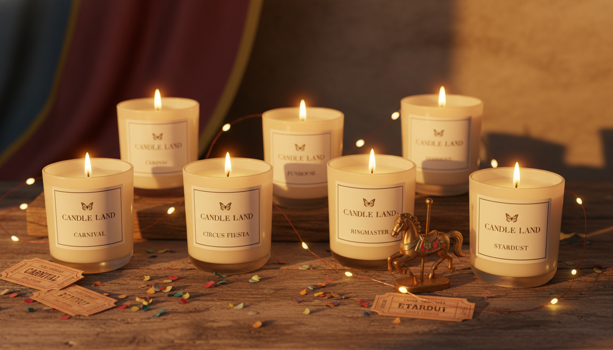 Candle Land’s Circus Collection displayed at golden hour with seven candles lit on a rustic wooden surface, surrounded by carnival tickets, confetti, a miniature carousel horse, and glowing fairy lights. A whimsical and nostalgic scene evoking vintage circus magic.