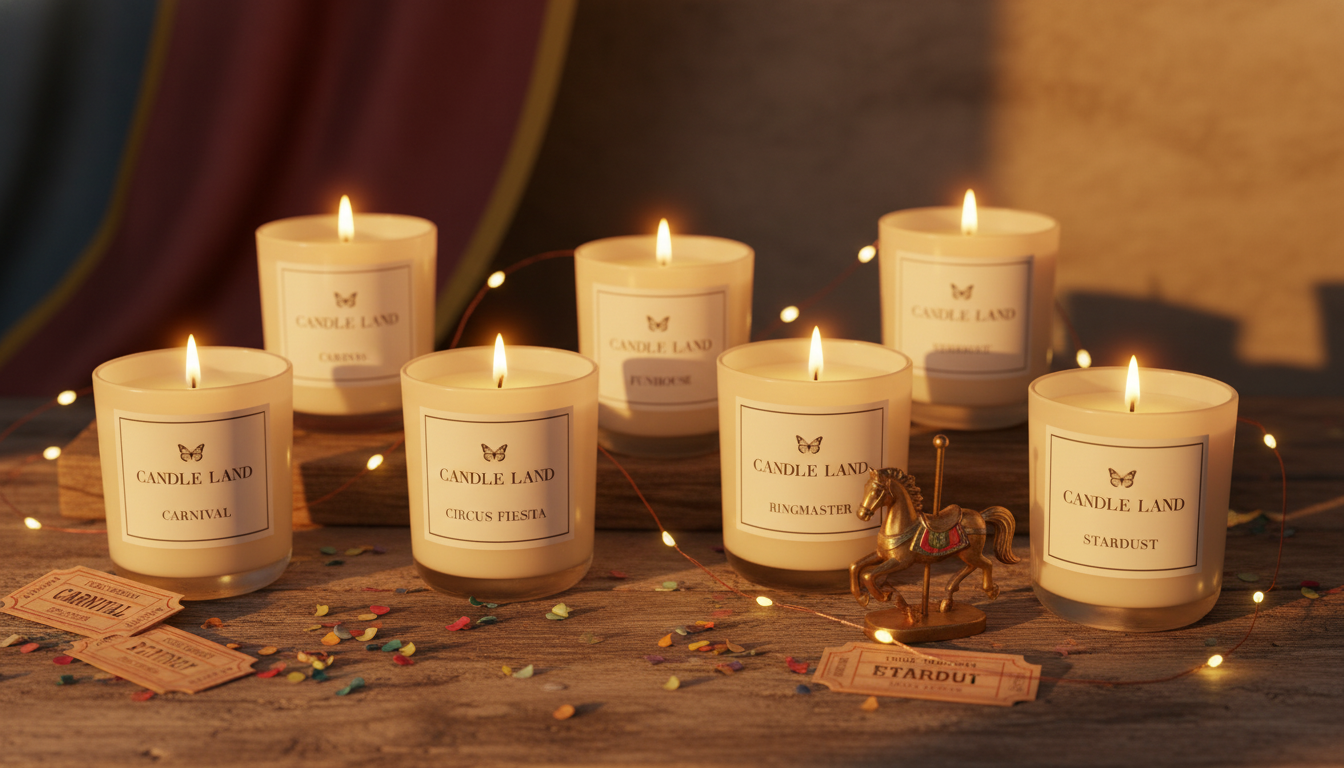 Candle Land’s Circus Collection displayed at golden hour with seven candles lit on a rustic wooden surface, surrounded by carnival tickets, confetti, a miniature carousel horse, and glowing fairy lights. A whimsical and nostalgic scene evoking vintage circus magic.