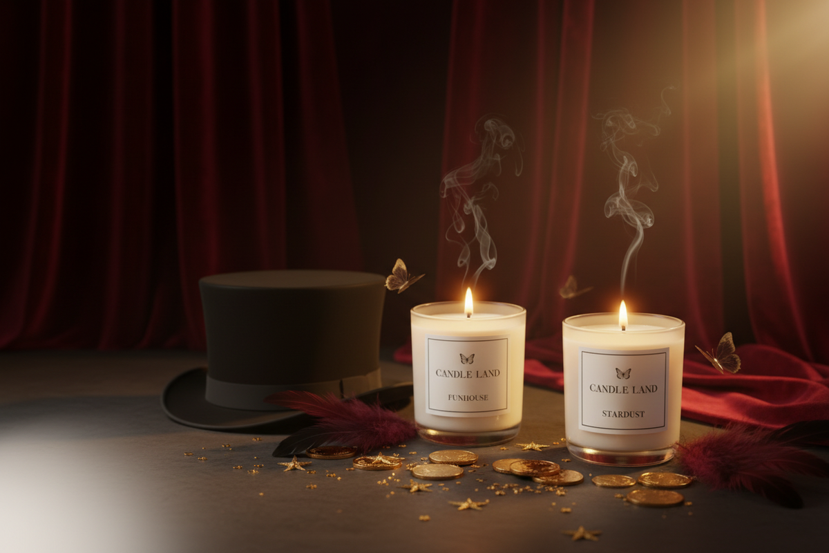 Image features Candle Land candles; Funhouse and Stardust. Background setting is editorial with royal red draping, gold accents, ringmaster hat and gold foil butterfly to tie in our brand to our Circus Collection.