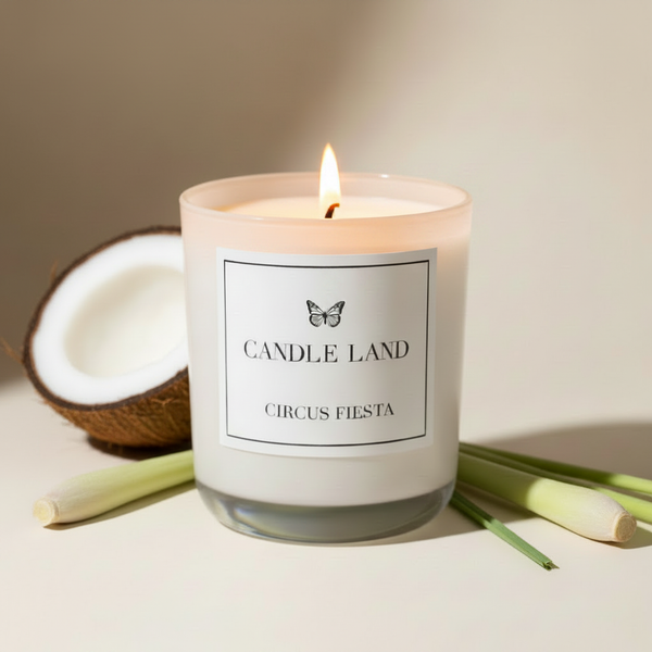 Circus Fiesta — Lit Candle styled with fragrance elements - coconut and lemongrass.