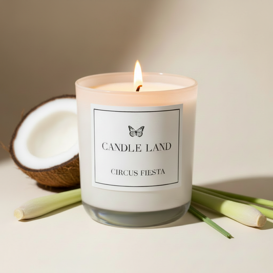 Circus Fiesta — Lit Candle styled with fragrance elements - coconut and lemongrass.