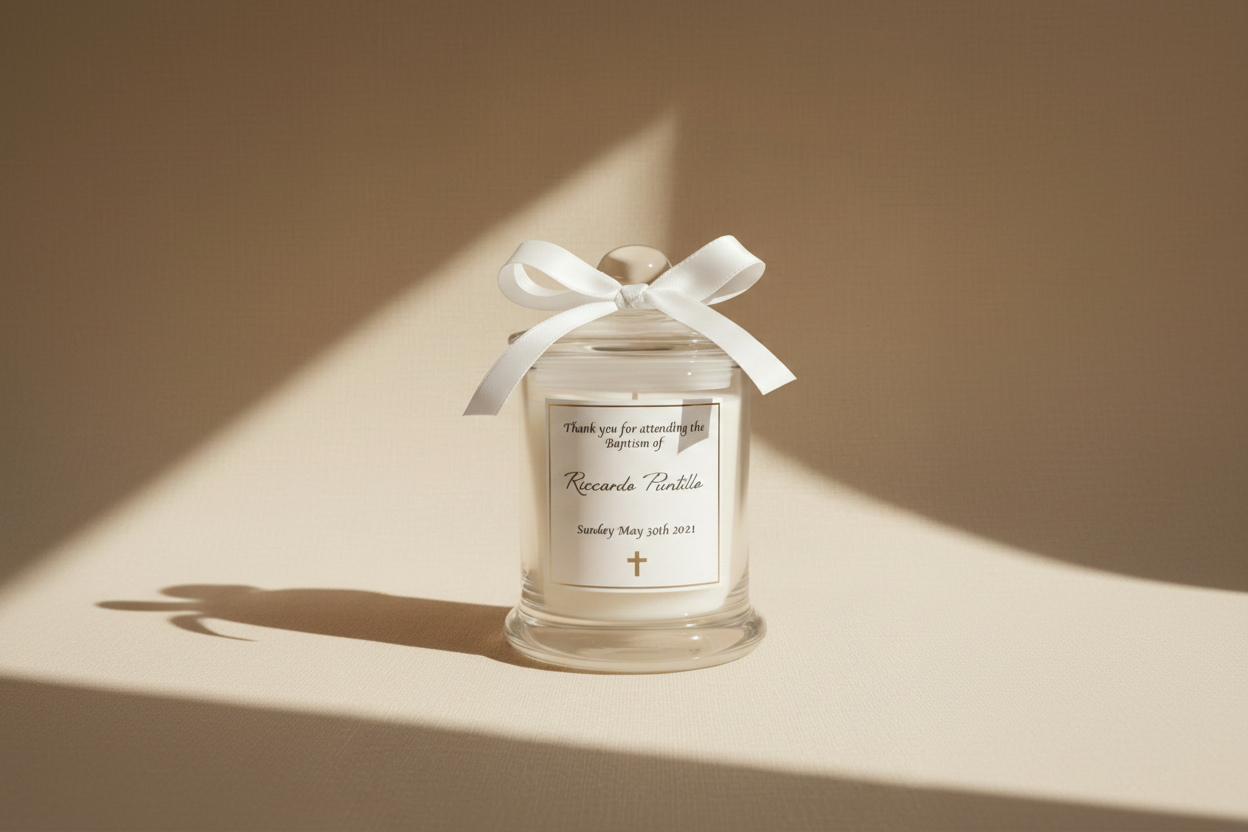 Clear glass bottle with a white ribbon on a beige background