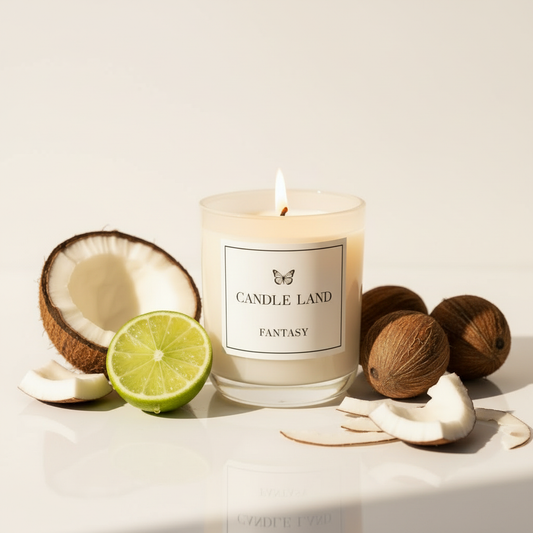 Candle Land candle with coconuts and lime on a light background