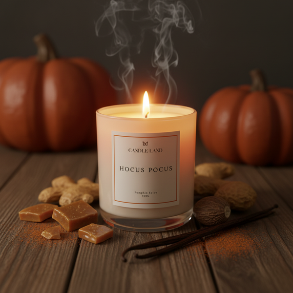 Candle labeled 'Hocus Pocus' with pumpkins and vanilla beans on a wooden surface