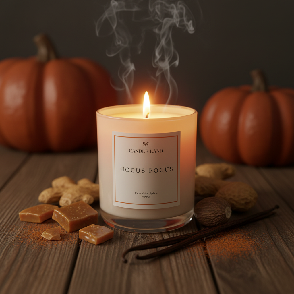 Candle labeled 'Hocus Pocus' with pumpkins and vanilla beans on a wooden surface