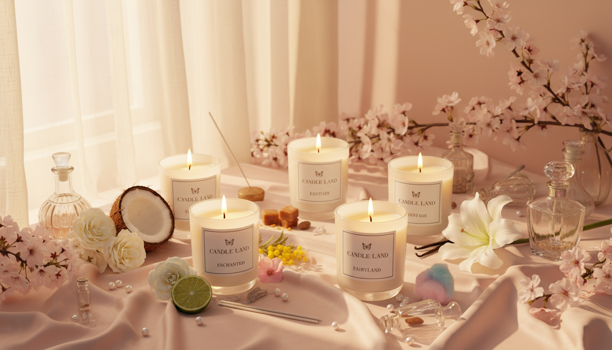 Flat-lay photograph of five lit Candle Land candles from the Mythical Collection — Enchanted, Fairyland, Fantasy, Keepsake, and Quest — arranged on a soft blush silk cloth with cherry blossoms, glass perfume bottles, pearls, and sliced coconut and lime, all softly glowing in golden-hour light.