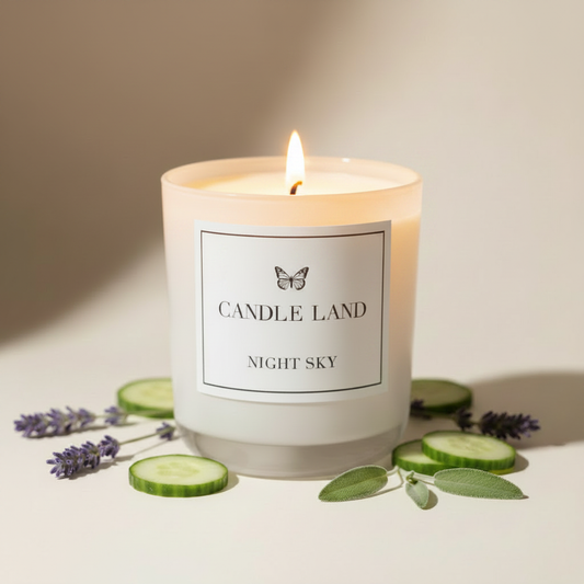 Night Sky — Lit Candle featuring lavender cucumber and sage elements.