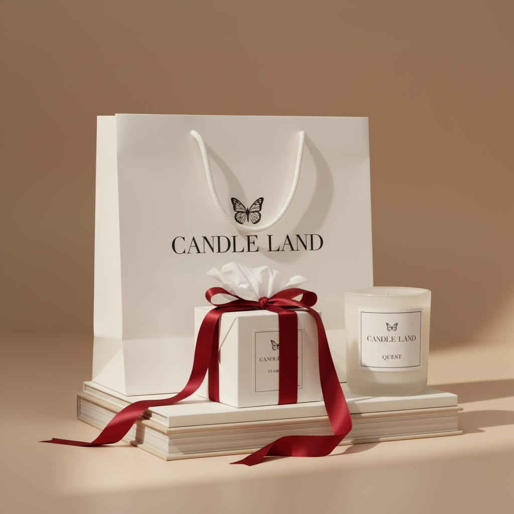  "Candle Land white glossy shopping bags with rope handles featuring Quest vanilla caramel candle, white gift boxes, and red satin ribbon on warm taupe backdrop