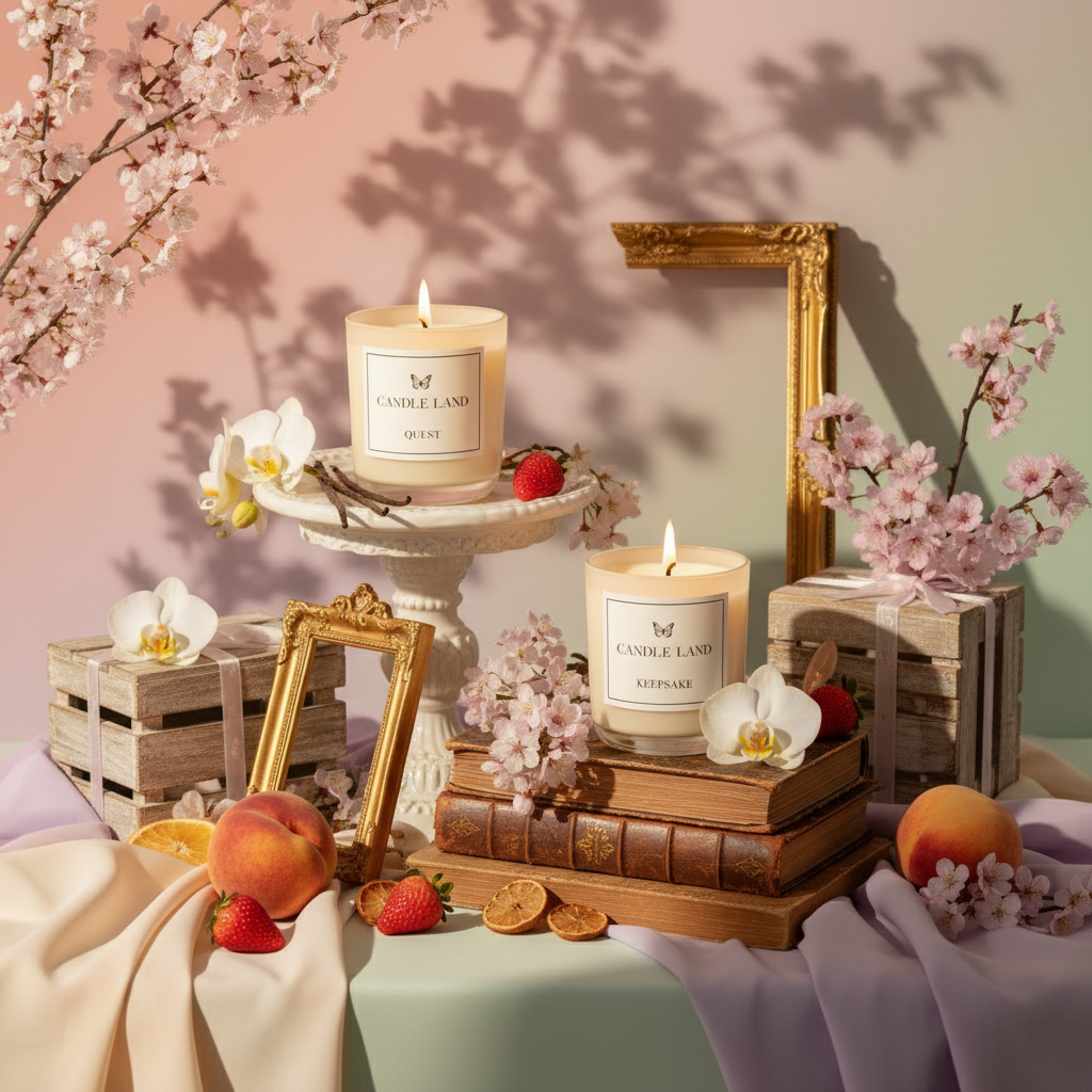 Candle Land Mythical Collection featuring lit Quest vanilla caramel and Keepsake Japanese cherry blossom candles styled on vintage pedestals with fresh flowers, fruits, and soft pastel fabrics on dreamy gradient backdrop